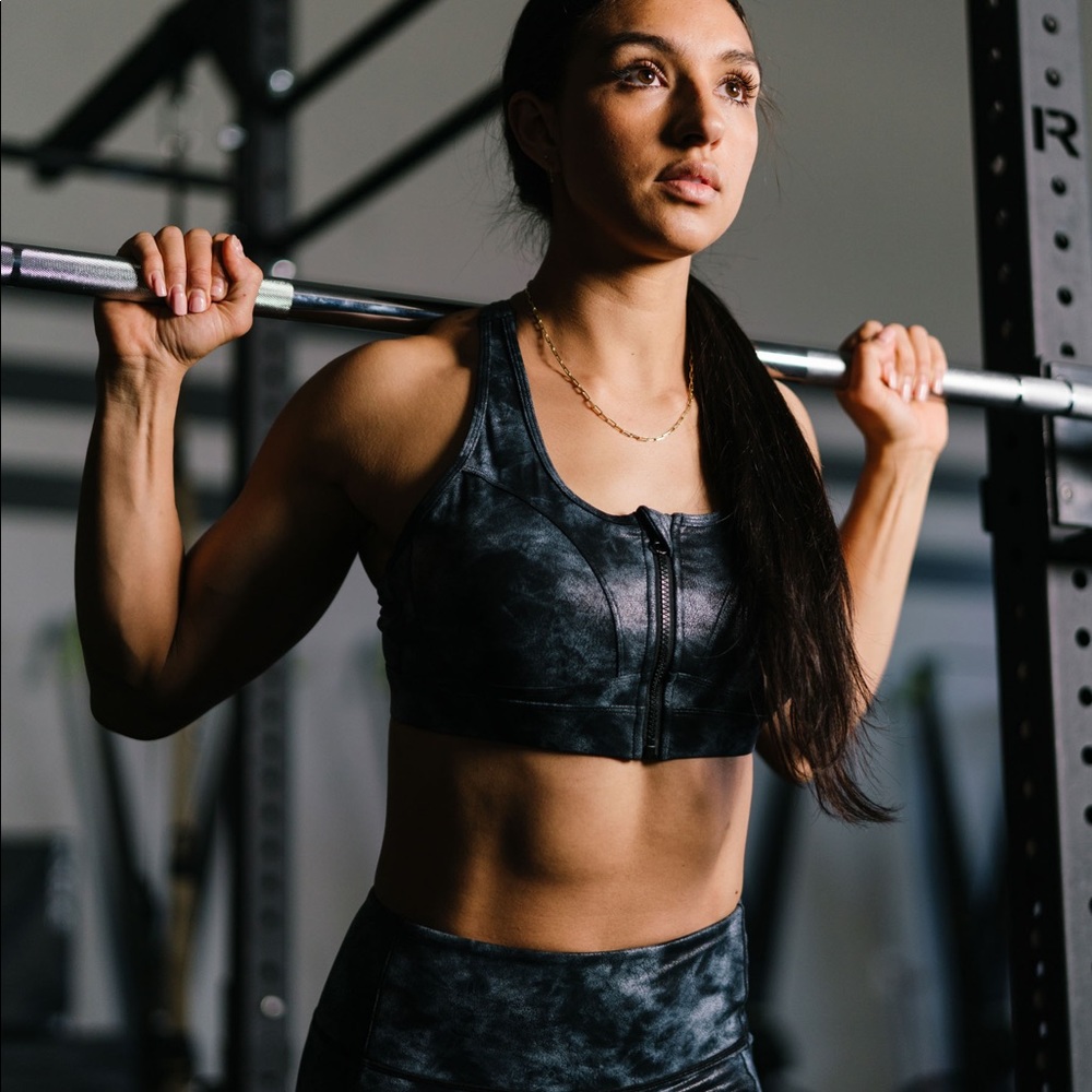 Gray Stonewashed Front Zipper Strappy Bra